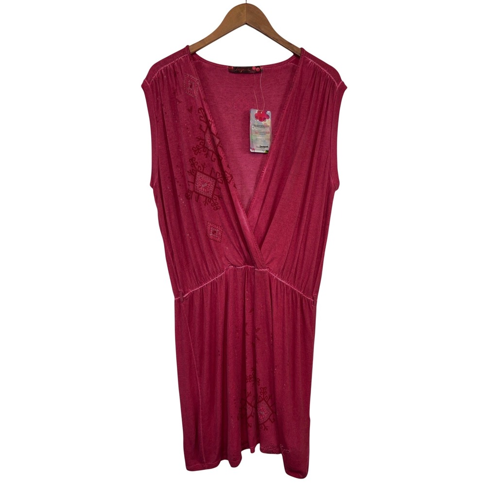 Desigual Leticia Rep V-Neck Faux Wrap Mini Dress XL Fuchsia Boho Eclectic Artsy